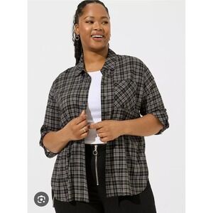 Torrid Drop Shoulder Button-Front Shirt Plus Size 5X Black Gray Plaid